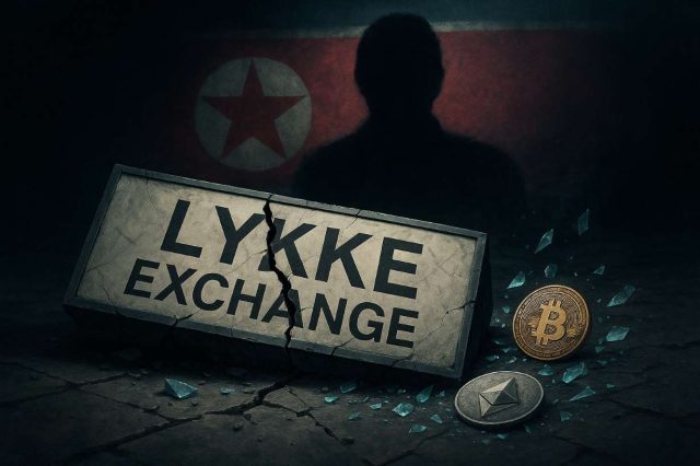 Why It Took a Year to Pin the Lykke Hack on Lazarus Group Editorial illustration of the collapsed Lykke Exchange, with a broken sign on the ground, Bitcoin and Ethereum fragments scattered like glass, and a shadowy North Korean figure symbolizing the Lazarus Group hack.