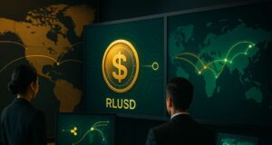 Corporate fintech office with two professionals viewing large digital screens displaying RLUSD stablecoin symbol and global cross-border payment routes in gold and green.