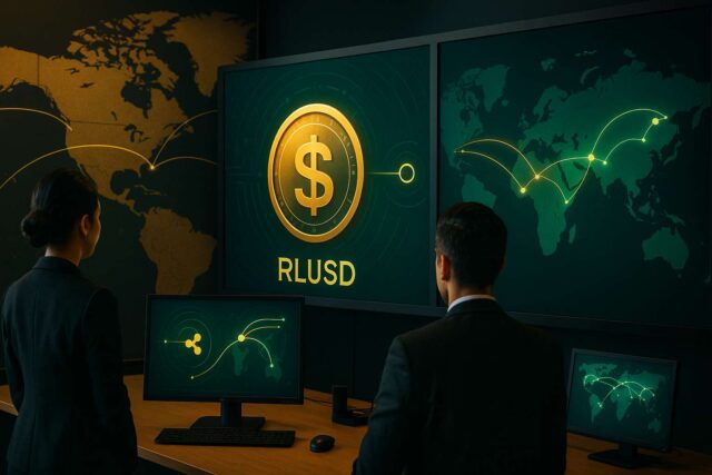 Corporate fintech office with two professionals viewing large digital screens displaying RLUSD stablecoin symbol and global cross-border payment routes in gold and green.