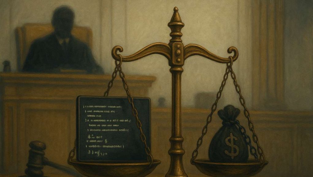 Roman-Storm-Tornado-Cash-Trial Editorial illustration of a courtroom with a scale of justice showing computer code on one side and a money bag with chains on the other, symbolizing the Tornado Cash trial and Roman Storm conviction over developer liability and illicit finance.