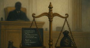 Editorial illustration of a courtroom with a scale of justice showing computer code on one side and a money bag with chains on the other, symbolizing the Tornado Cash trial and Roman Storm conviction over developer liability and illicit finance.