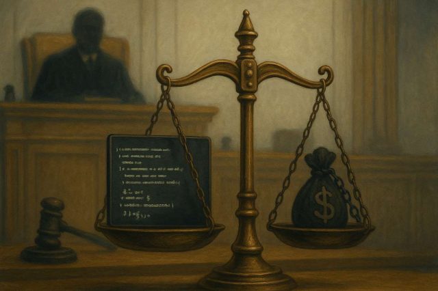 Editorial illustration of a courtroom with a scale of justice showing computer code on one side and a money bag with chains on the other, symbolizing the Tornado Cash trial and Roman Storm conviction over developer liability and illicit finance.