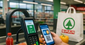 Customer using smartphone to pay with Bitcoin and stablecoins at a SPAR supermarket checkout in Switzerland via QR code, illustrating the nationwide crypto payment rollout.
