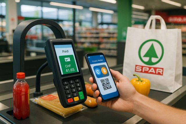 SPAR Switzerland Crypto Payments Expand to 300 Stores in Nationwide Rollout Customer using smartphone to pay with Bitcoin and stablecoins at a SPAR supermarket checkout in Switzerland via QR code, illustrating the nationwide crypto payment rollout.