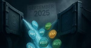 Editorial illustration of crypto floodgates opening to release tokens like SUI, Aptos, Arbitrum, Velo, Ethena, and WLFI, symbolizing $4.5B in September token unlocks 2025.