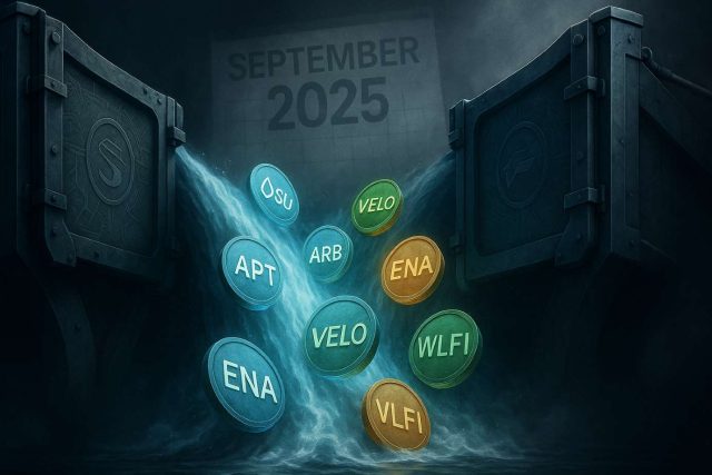 Editorial illustration of crypto floodgates opening to release tokens like SUI, Aptos, Arbitrum, Velo, Ethena, and WLFI, symbolizing $4.5B in September token unlocks 2025.