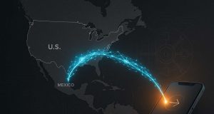 Editorial map of SoFi Bitcoin Lightning remittances from the U.S. to Mexico. Electric-blue node arc to a warm amber payout over Mexico, with a smartphone transfer UI in the foreground.