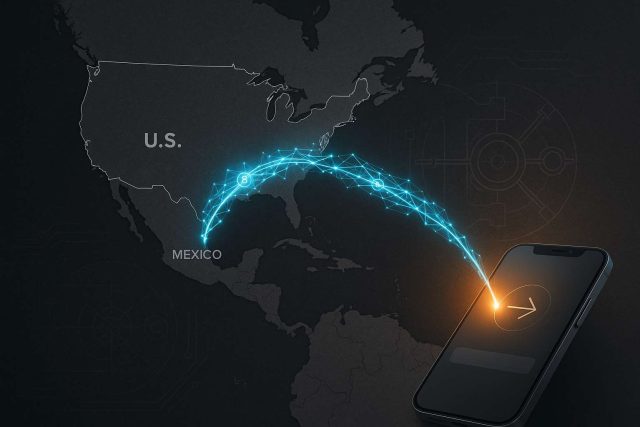 SoFi Becomes First U.S. Bank to Use Bitcoin’s Lightning for Remittances Editorial map of SoFi Bitcoin Lightning remittances from the U.S. to Mexico. Electric-blue node arc to a warm amber payout over Mexico, with a smartphone transfer UI in the foreground.