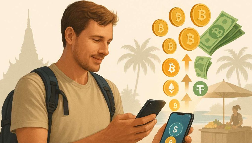 Thailand-crypto-wallets-for-tourists Tourist in Thailand using a crypto wallet app to convert Bitcoin, Ethereum, and Tether into Thai baht for spending during travel.