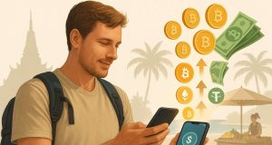 Tourist in Thailand using a crypto wallet app to convert Bitcoin, Ethereum, and Tether into Thai baht for spending during travel.