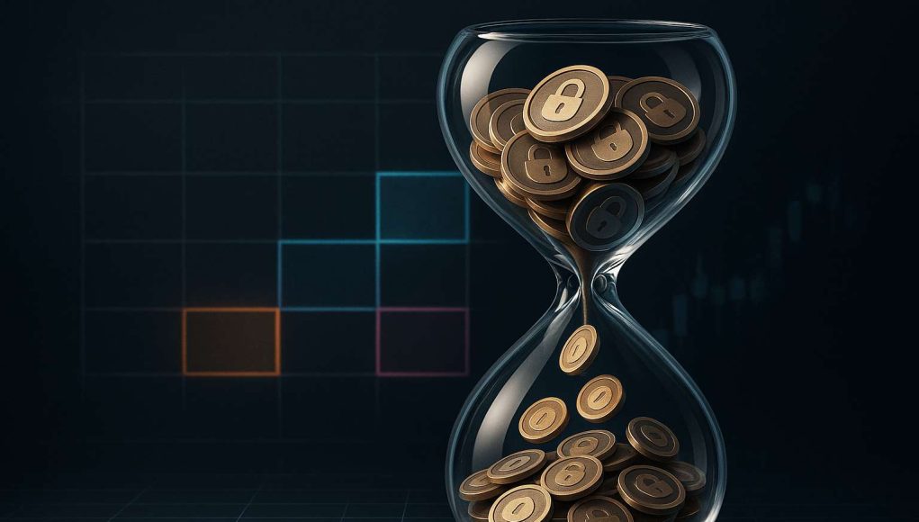 Token-Unlocks-August-2025 Glass hourglass pouring tokens onto a market grid with three late-August dates highlighted—editorial visual of this week’s $620M token unlocks (Sui, Jupiter, Optimism).