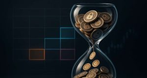Glass hourglass pouring tokens onto a market grid with three late-August dates highlighted—editorial visual of this week’s $620M token unlocks (Sui, Jupiter, Optimism).