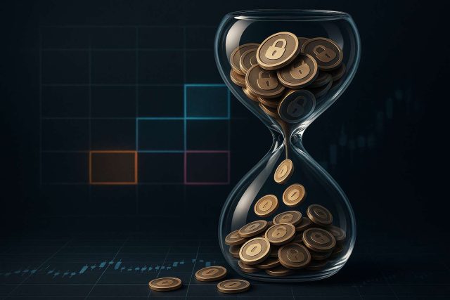 Glass hourglass pouring tokens onto a market grid with three late-August dates highlighted—editorial visual of this week’s $620M token unlocks (Sui, Jupiter, Optimism).