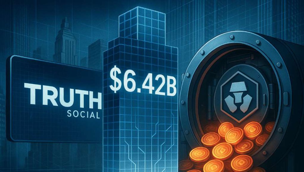 Trump-Media-CryptoCom-Deal Editorial illustration of the Trump Media Crypto.com deal showing a digital asset treasury vault filled with CRO tokens, symbolizing the $6.42B partnership and Cronos institutional adoption.