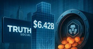 Editorial illustration of the Trump Media Crypto.com deal showing a digital asset treasury vault filled with CRO tokens, symbolizing the $6.42B partnership and Cronos institutional adoption.