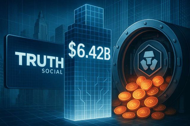 Editorial illustration of the Trump Media Crypto.com deal showing a digital asset treasury vault filled with CRO tokens, symbolizing the $6.42B partnership and Cronos institutional adoption.