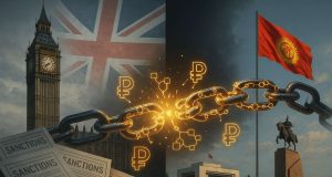Photo-realistic editorial illustration showing a split between London and Bishkek, with UK and Kyrgyz flags, sanction documents, and a broken blockchain chain of ruble symbols representing the $9.3B crypto network targeted by UK sanctions.