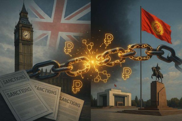 Kyrgyzstan Protests UK Sanctions on $9.3B Crypto Network Tied to Russia, Appeals to Trump and Starmer Photo-realistic editorial illustration showing a split between London and Bishkek, with UK and Kyrgyz flags, sanction documents, and a broken blockchain chain of ruble symbols representing the $9.3B crypto network targeted by UK sanctions.
