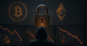 Editorial illustration of a hooded hacker in front of glowing computer screens with a shattered digital lock, Bitcoin and Ethereum symbols dissolving into code, symbolizing August 2025 crypto hacks, $91M Bitcoin heist, and BtcTurk breach.