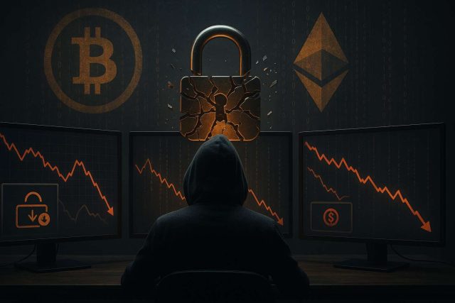 Editorial illustration of a hooded hacker in front of glowing computer screens with a shattered digital lock, Bitcoin and Ethereum symbols dissolving into code, symbolizing August 2025 crypto hacks, $91M Bitcoin heist, and BtcTurk breach.
