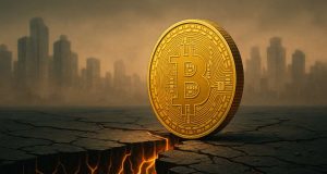 Golden Bitcoin coin balancing on a cracked digital floor with glowing binary code underneath, symbolizing a Bitcoin price drop and market uncertainty.