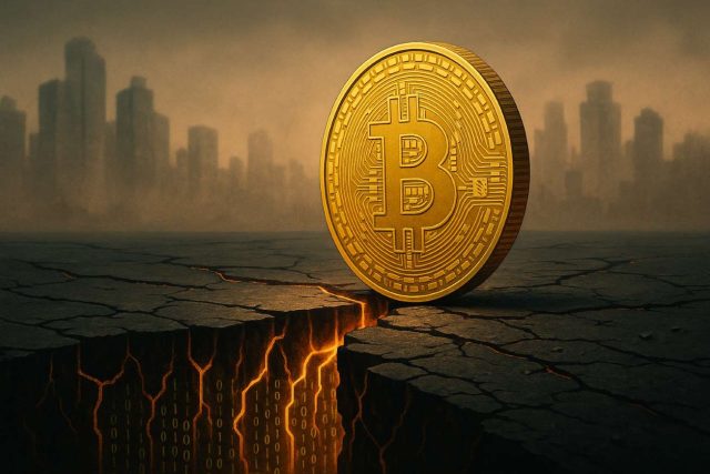 Bitcoin Price Drop Explained: Why It Happened and What’s Next Golden Bitcoin coin balancing on a cracked digital floor with glowing binary code underneath, symbolizing a Bitcoin price drop and market uncertainty.