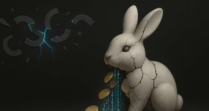 Editorial illustration of a cracked rabbit figurine symbolizing the Bunni hack, leaking digital stablecoins and code fragments, with fractured hook shapes in the background to represent the Uniswap v4 exploit.