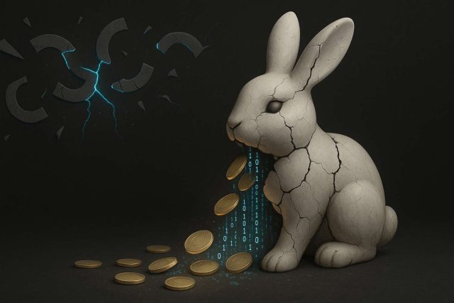 Editorial illustration of a cracked rabbit figurine symbolizing the Bunni hack, leaking digital stablecoins and code fragments, with fractured hook shapes in the background to represent the Uniswap v4 exploit.