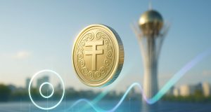 Kazakhstan EVO (KZTE) stablecoin visual showing a tenge coin over a high-throughput blockchain grid and global payment motif with Baiterek Tower in background.