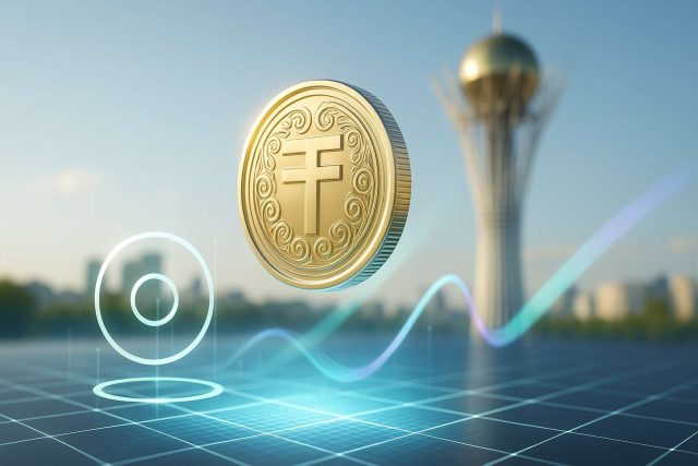 Kazakhstan’s EVO Stablecoin Blends Solana Speed with Mastercard Payments Kazakhstan EVO (KZTE) stablecoin visual showing a tenge coin over a high-throughput blockchain grid and global payment motif with Baiterek Tower in background.