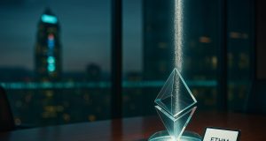 Dusk-lit glass boardroom with a diamond acrylic prism as a particle stream pools inside; a blurred ticker and tablet marked “ETHM” hint at Ether Machine’s upcoming Nasdaq listing.