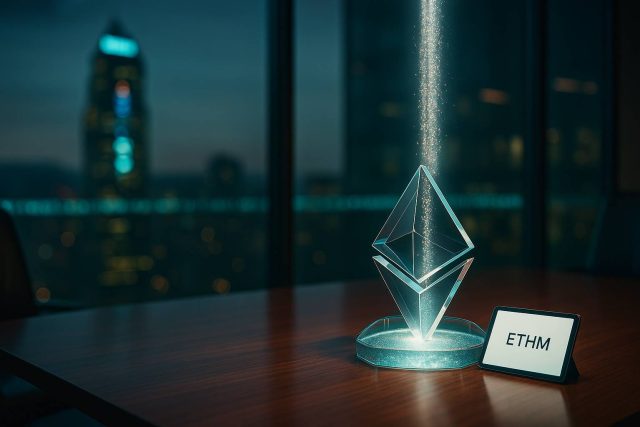 Ether Machine adds $654M in ETH as Berns joins board ahead of Nasdaq debut Dusk-lit glass boardroom with a diamond acrylic prism as a particle stream pools inside; a blurred ticker and tablet marked “ETHM” hint at Ether Machine’s upcoming Nasdaq listing.