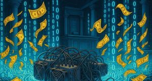 Editorial illustration of a courtroom flooded with binary code and swirling dollar bills around Bitcoin mining rigs, symbolizing the FTX Recovery Trust $1.15B lawsuit against Genesis Digital Assets in Delaware bankruptcy court.
