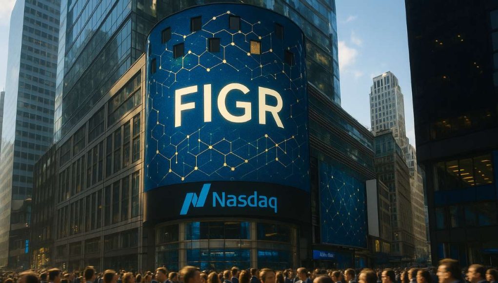 Nasdaq building in New York with FIGR ticker displayed on the tower screen, symbolizing Figure Technologies’ IPO debut and $7B blockchain lender valuation.