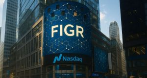 Nasdaq building in New York with FIGR ticker displayed on the tower screen, symbolizing Figure Technologies’ IPO debut and $7B blockchain lender valuation.