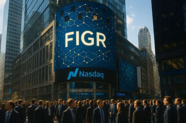 Figure IPO Surges on Nasdaq as Wall Street Backs Blockchain Lending Nasdaq building in New York with FIGR ticker displayed on the tower screen, symbolizing Figure Technologies’ IPO debut and $7B blockchain lender valuation.