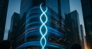 Symmetrical light trails over a glass Nasdaq facade at dawn symbolize the Gemini IPO as GEMI debuts on Nasdaq, highlighting strong retail-driven momentum.