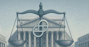 Gemini and SEC Reach “Resolution in Principle” to End Earn Lawsuit illustration of a New York federal courthouse with scales of justice blended into the Gemini logo, digital ledger patterns in the background, symbolizing the SEC settlement over the Gemini Earn program, 16:9, editorial style.