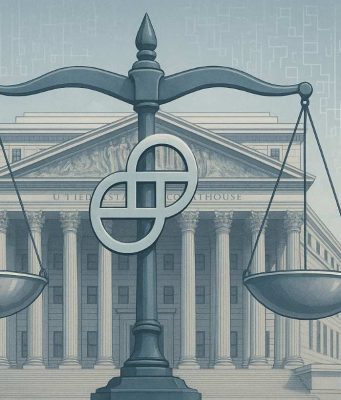 illustration of a New York federal courthouse with scales of justice blended into the Gemini logo, digital ledger patterns in the background, symbolizing the SEC settlement over the Gemini Earn program, 16:9, editorial style.