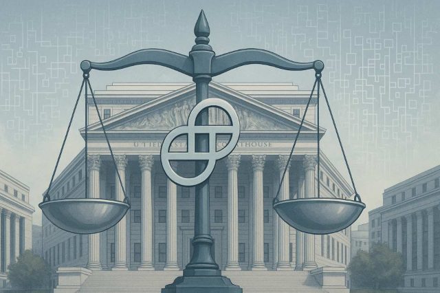 Gemini and SEC Reach “Resolution in Principle” to End Earn Lawsuit illustration of a New York federal courthouse with scales of justice blended into the Gemini logo, digital ledger patterns in the background, symbolizing the SEC settlement over the Gemini Earn program, 16:9, editorial style.
