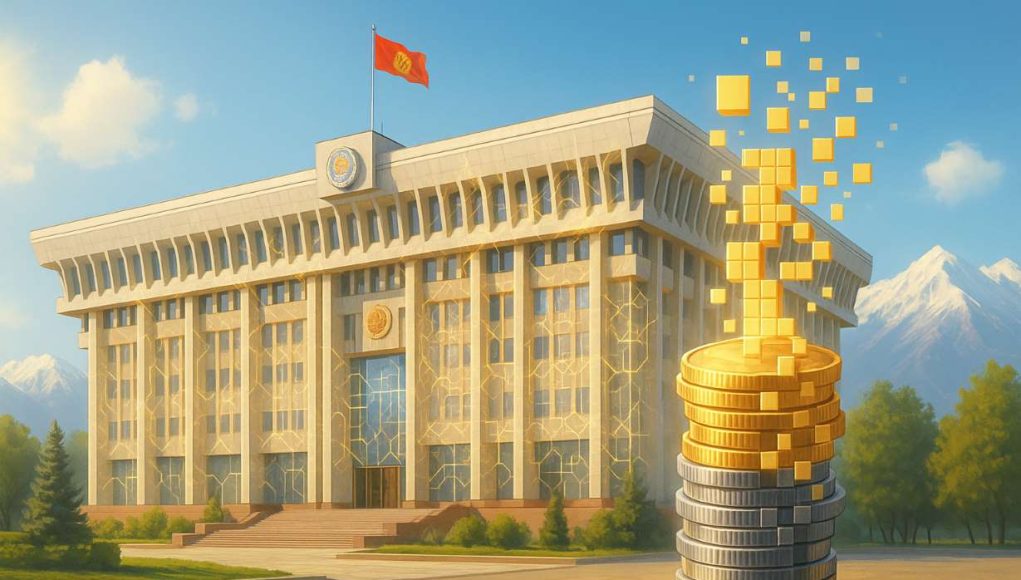 Kyrgyzstan-new-crypto-law Editorial illustration of Bishkek White House with blockchain ledger overlays and coin stack transforming into pixelated blocks, symbolizing Kyrgyzstan’s state crypto reserve under new cryptocurrency law.