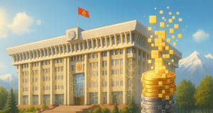 Editorial illustration of Bishkek White House with blockchain ledger overlays and coin stack transforming into pixelated blocks, symbolizing Kyrgyzstan’s state crypto reserve under new cryptocurrency law.