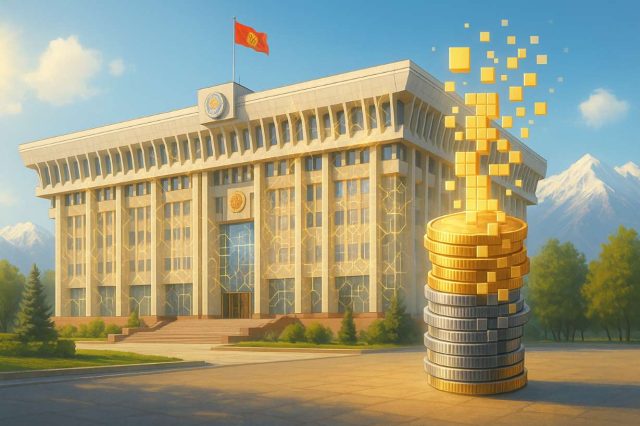 Kyrgyzstan Approves Sweeping Crypto Law: Stablecoins, Tokenized Assets, State Reserve, and Mining Editorial illustration of Bishkek White House with blockchain ledger overlays and coin stack transforming into pixelated blocks, symbolizing Kyrgyzstan’s state crypto reserve under new cryptocurrency law.