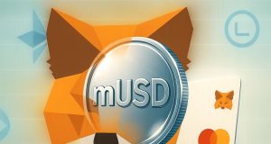MetaMask fox silhouette framing a dollar-pegged mUSD coin, with subtle Ethereum and Linea motifs and a minimal payment card