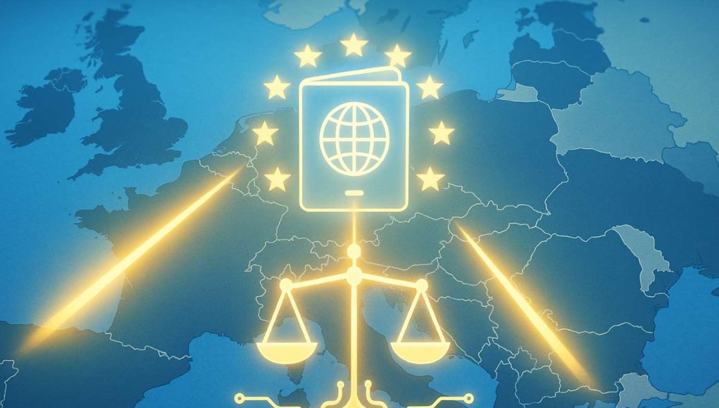 MiCA-passporting-challenge EU map with beams from France, Italy and Austria converging on a digital passport over Brussels, symbolizing MiCA regulation and ESMA oversight.