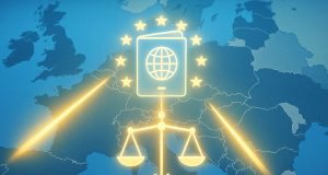 EU map with beams from France, Italy and Austria converging on a digital passport over Brussels, symbolizing MiCA regulation and ESMA oversight.
