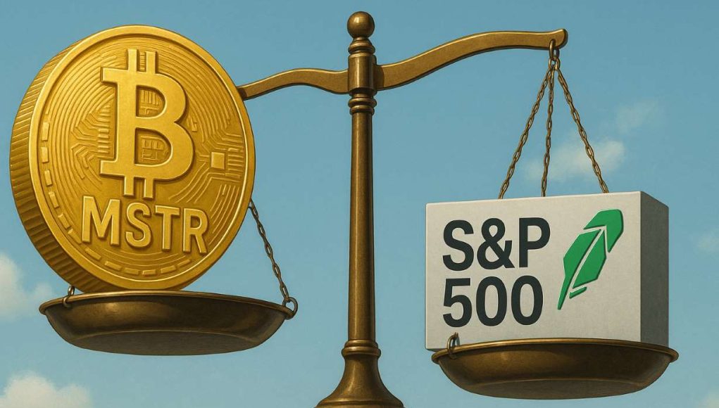 Editorial illustration of a financial scale with a large golden bitcoin coin engraved “MSTR” tipping one side, while the other side holds an S&P 500 block balanced with Robinhood’s logo. Symbolizes Strategy’s exclusion from the index and risks of a bitcoin-heavy treasury.