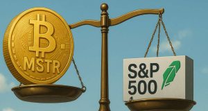 Editorial illustration of a financial scale with a large golden bitcoin coin engraved “MSTR” tipping one side, while the other side holds an S&P 500 block balanced with Robinhood’s logo. Symbolizes Strategy’s exclusion from the index and risks of a bitcoin-heavy treasury.