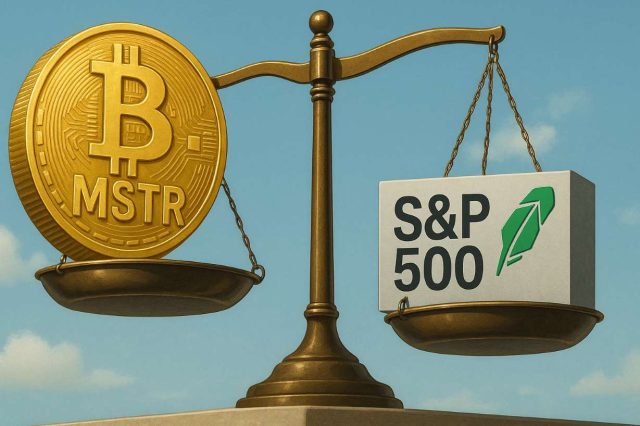 MicroStrategy Misses S&P 500 Inclusion as Investors Question Bitcoin Treasury Risks Editorial illustration of a financial scale with a large golden bitcoin coin engraved “MSTR” tipping one side, while the other side holds an S&P 500 block balanced with Robinhood’s logo. Symbolizes Strategy’s exclusion from the index and risks of a bitcoin-heavy treasury.