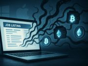 Editorial illustration of ModStealer malware stealing crypto through fake job ads, with a glowing laptop, digital wallet icons, and subtle Windows, Mac, and Linux symbols in the background.